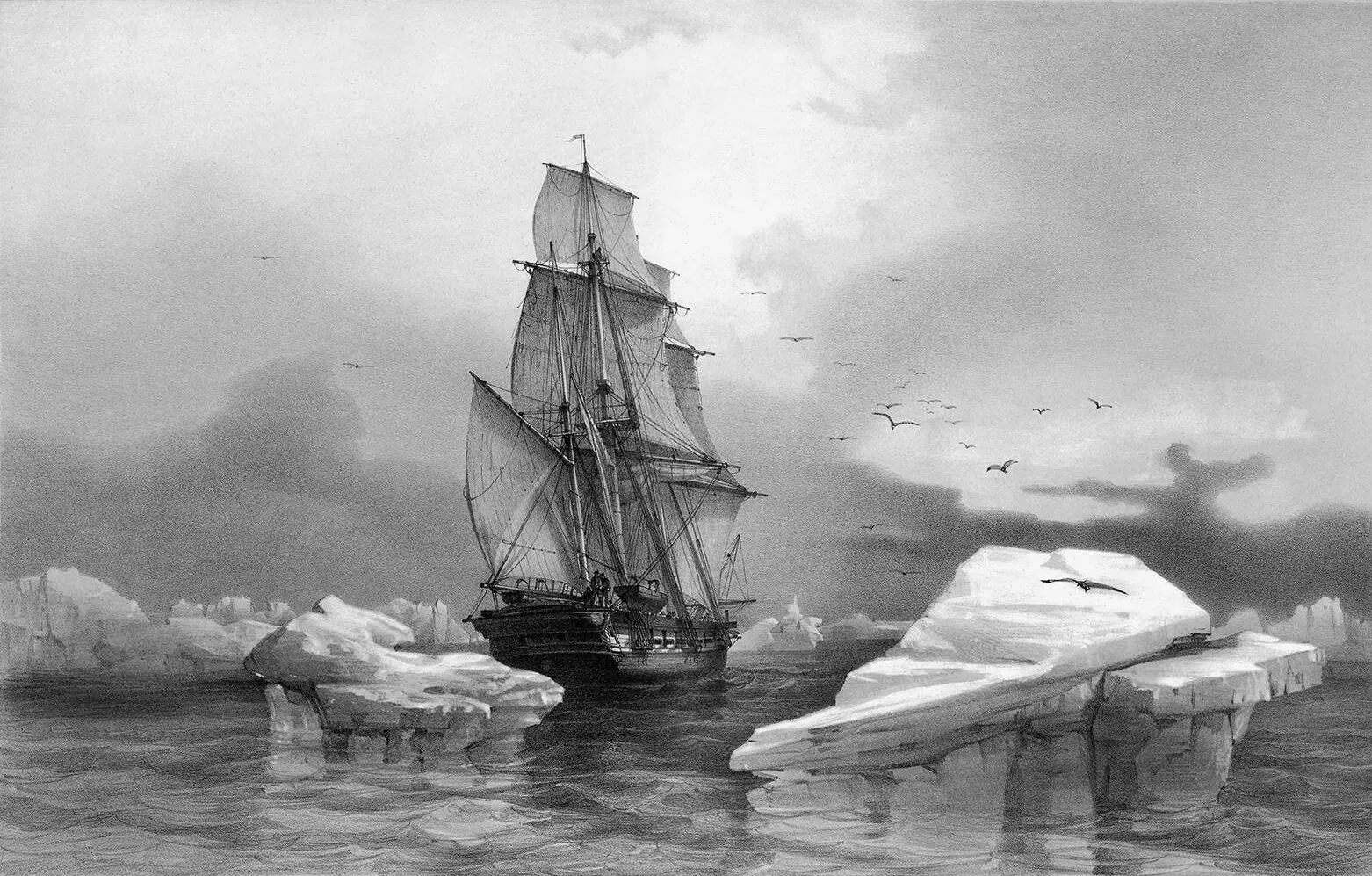 An old book illustration of a ship navigating through floes of ice