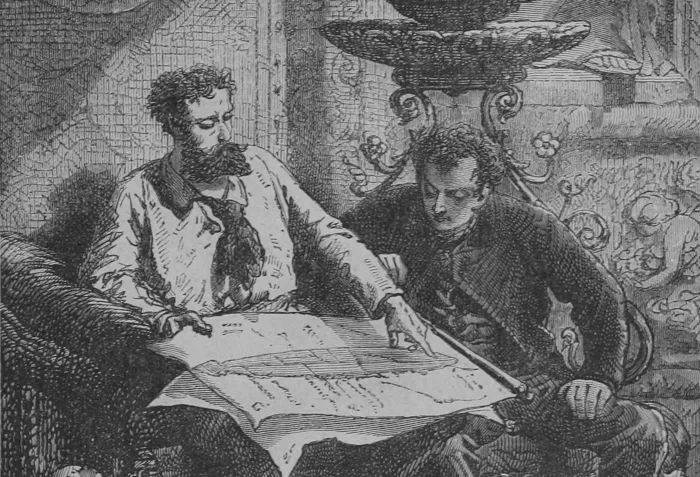 An old-style illustration of two men sitting in an elegantly decorated room looking at a blueprint of a submarine