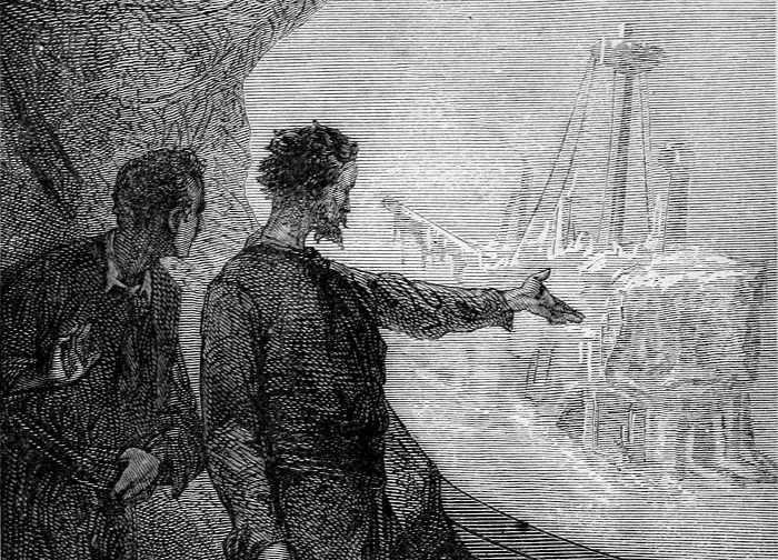 An old-style illustration of two men standing at a large porthole in a submarine. One man, the captain of the submarine, gestures to a shipwreck that can be seen outside the porthole.
